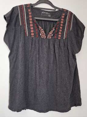 Eddie Bauer Grey 100% Cotton Embroidered Yoke Cap Sleeve Top, 2XL, XXL, 16-20